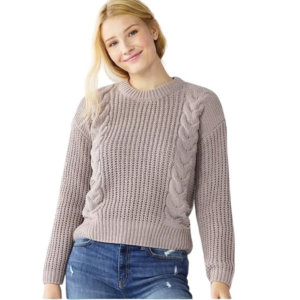 SO Chunky Chenille Ribbed and Cable Knit Sweater Top SIze Large Lilac Pullover